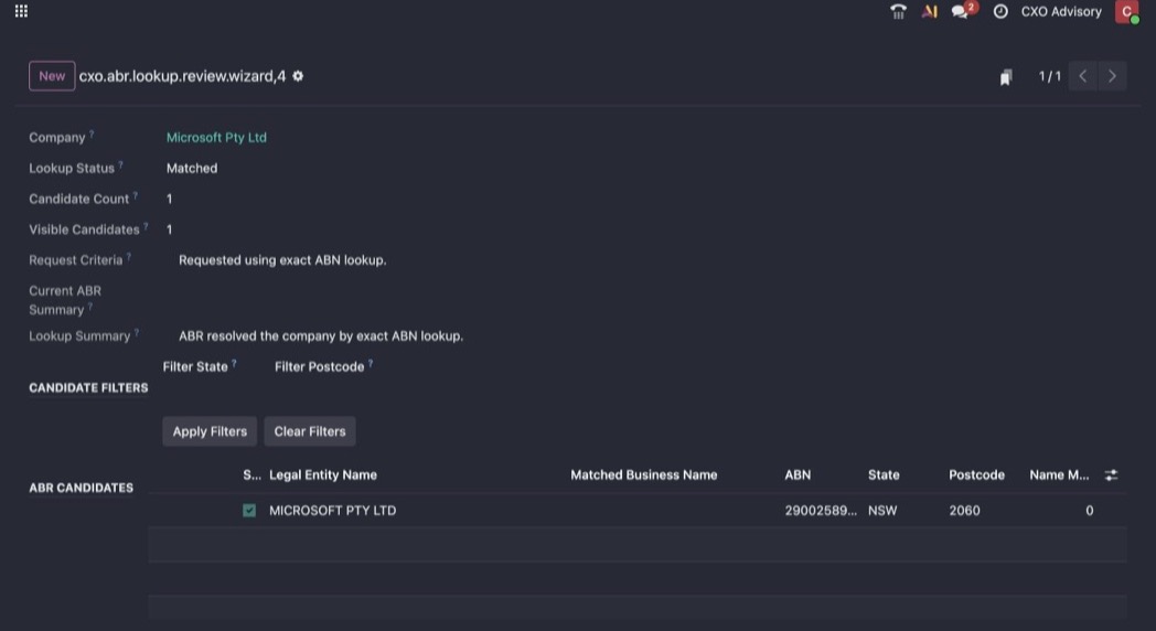 Odoo 19 Review ABR Candidates screen showing an Australian Business Register result for review