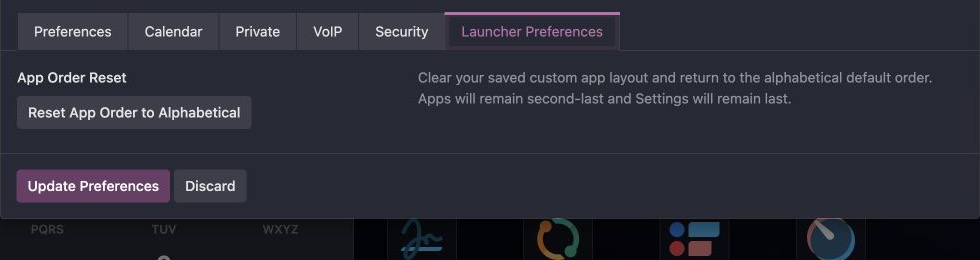 Odoo 19 Launcher Preferences with the action to reset app order to alphabetical