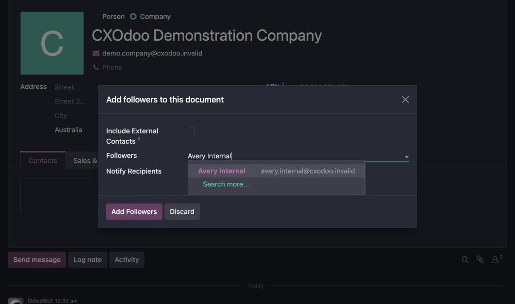 Odoo 19 Add Followers search returning an active internal demonstration user