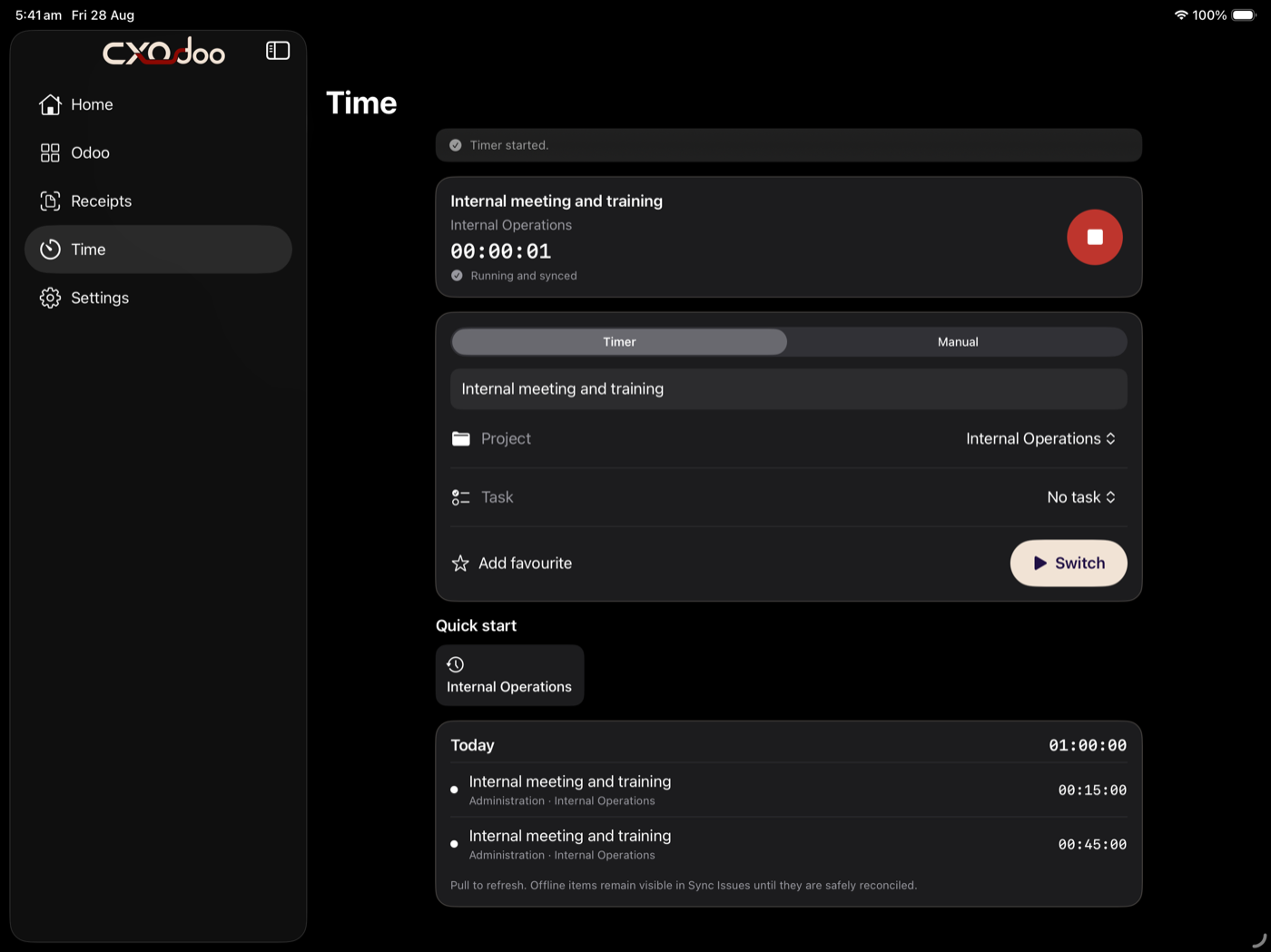 CXOdoo Time screen on iPad showing a running Odoo project timer