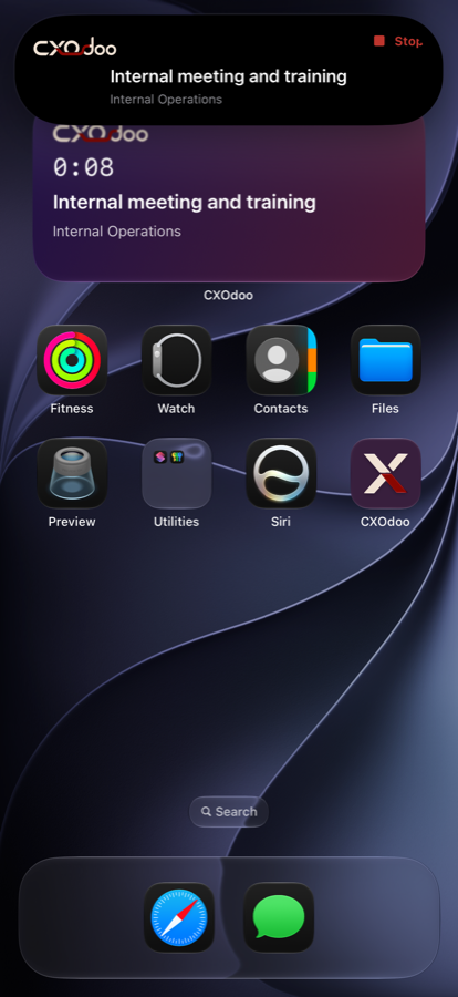 Expanded CXOdoo iPhone Live Activity with the running project timer and Stop control