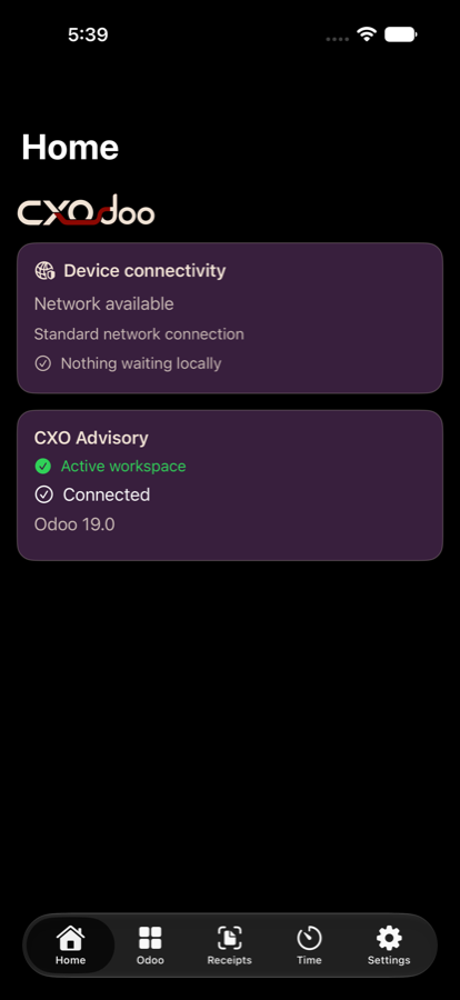 CXOdoo Home on iPhone showing connectivity and an active Odoo 19 workspace