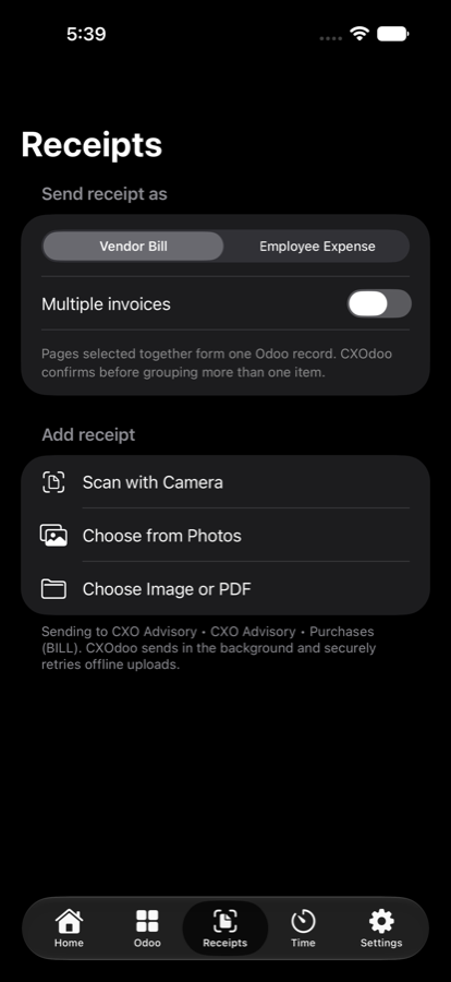 CXOdoo Receipts screen on iPhone with Vendor Bill and Employee Expense destinations