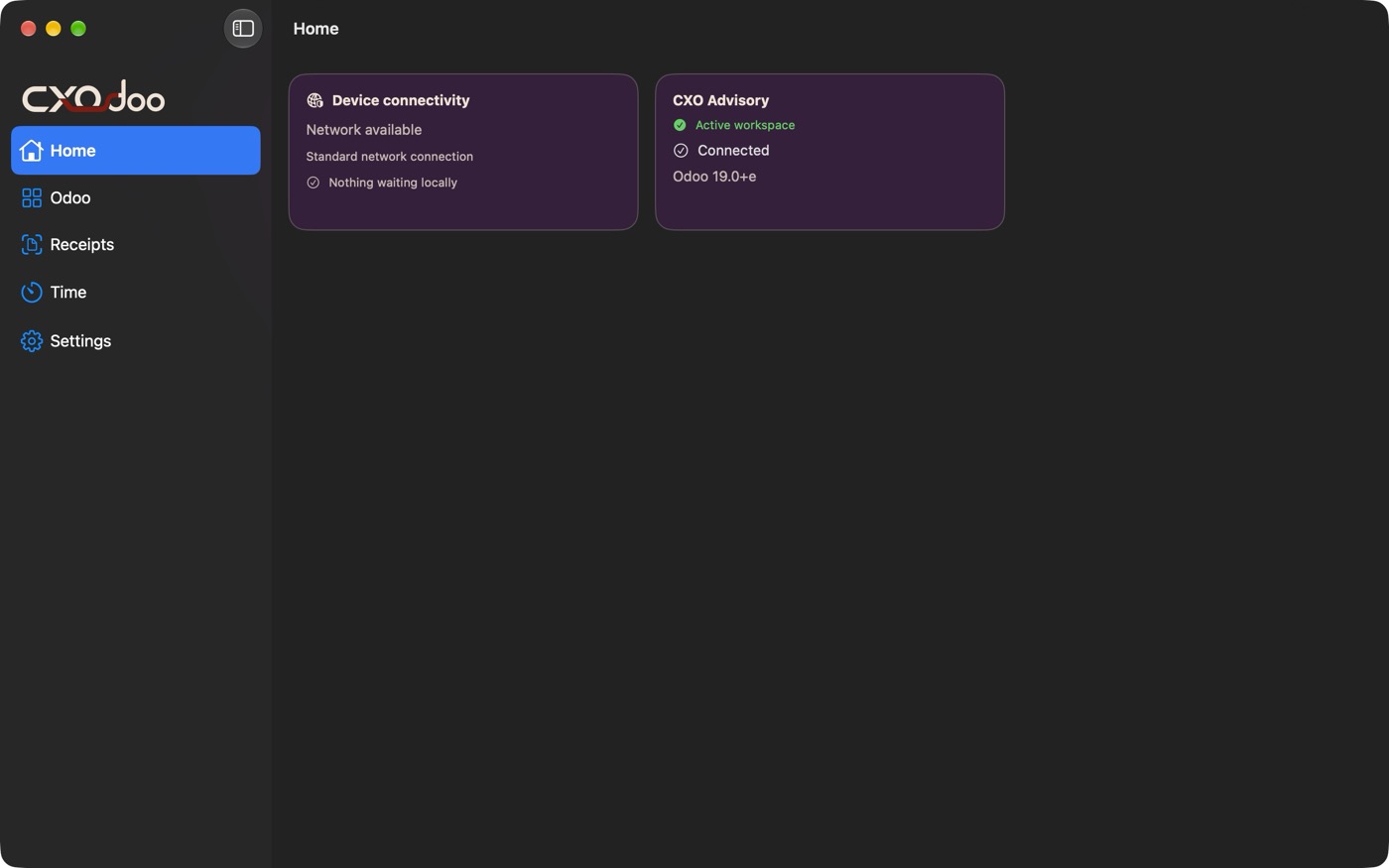 CXOdoo Home on Mac showing a connected Odoo 19 workspace
