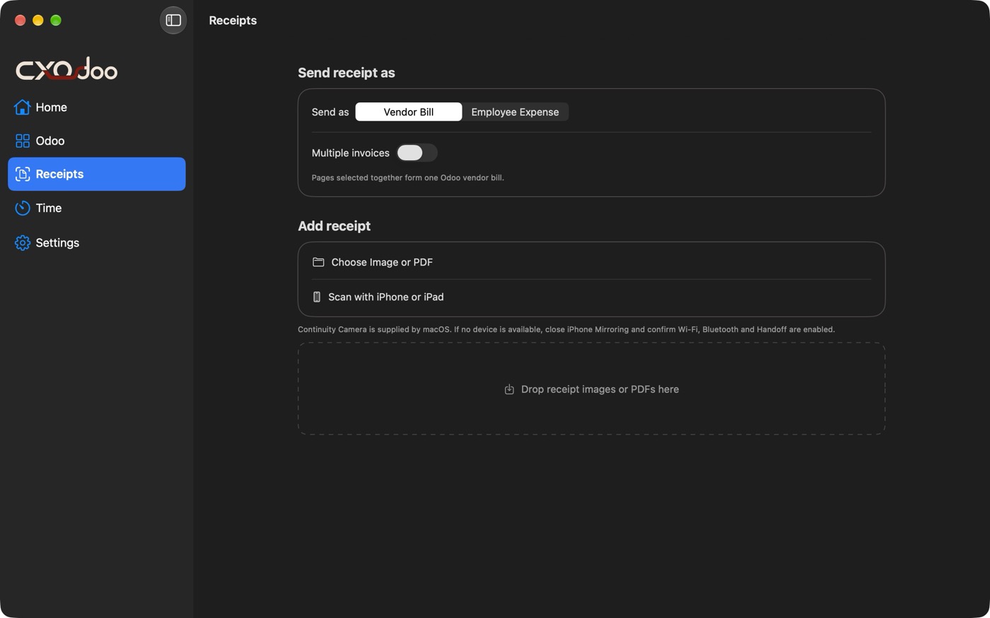 CXOdoo Receipts screen on Mac with file and Continuity Camera capture actions