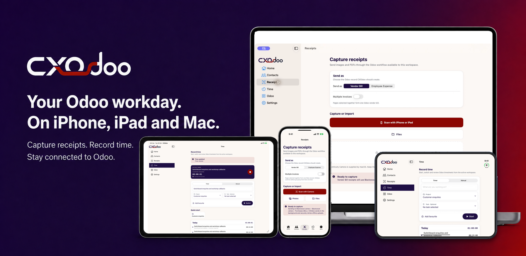 CXOdoo Light Mode on iPhone, iPad and Mac, with iPhone Duo. Android also available.