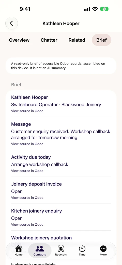 CXOdoo Contacts+ before-call brief for Kathleen Hooper