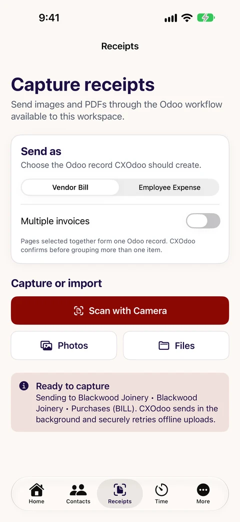 CXOdoo receipt capture with Vendor Bill and Employee Expense destinations