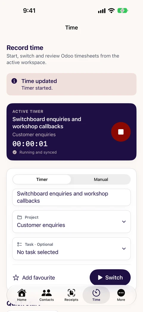 CXOdoo running project timer