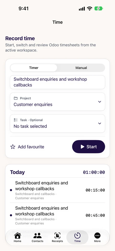 Choose an Odoo project and task in CXOdoo Time