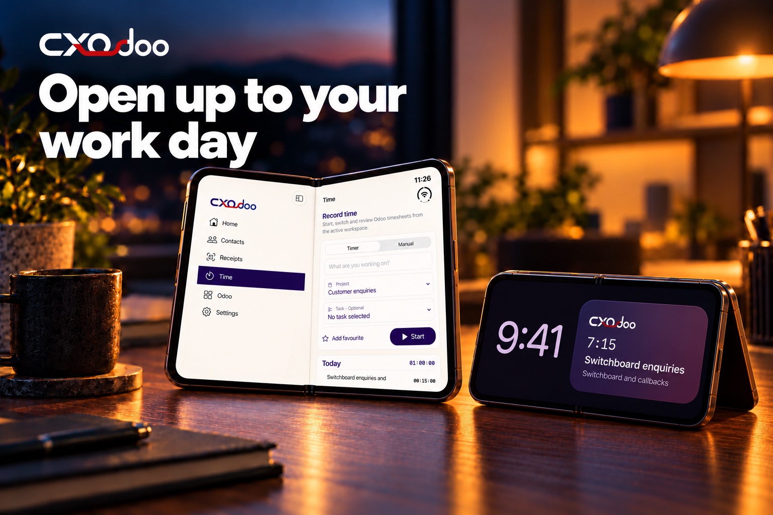 Open up to your work day. CXOdoo iPhone Duo marketing artwork
